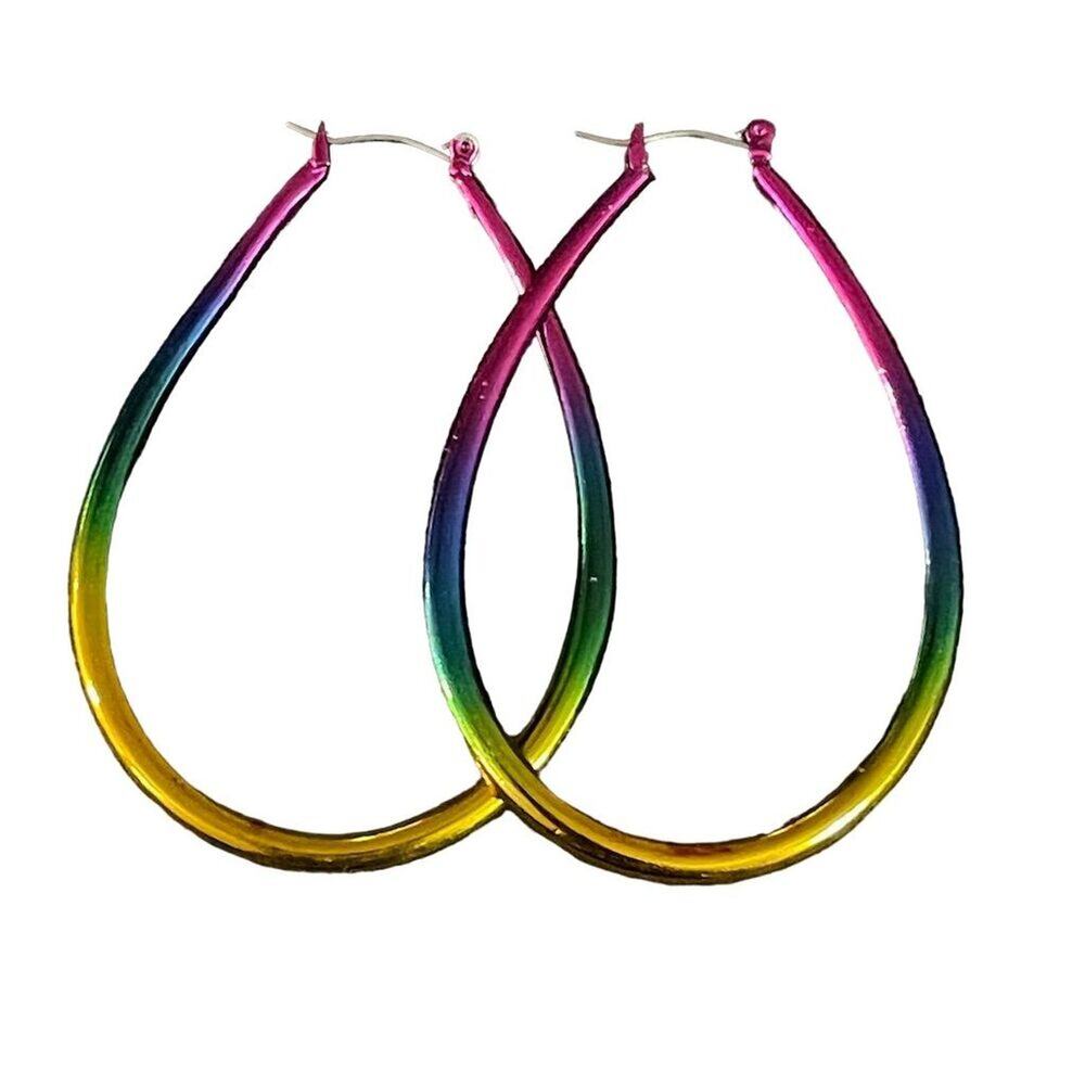 Earrings Large Rainbow Stainless Steel Hoop 2.5” Multicolor